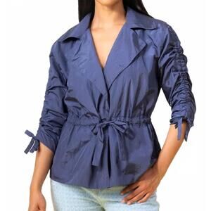 NEW ELENA WANG ruched sleeves drawstring jacket in blue